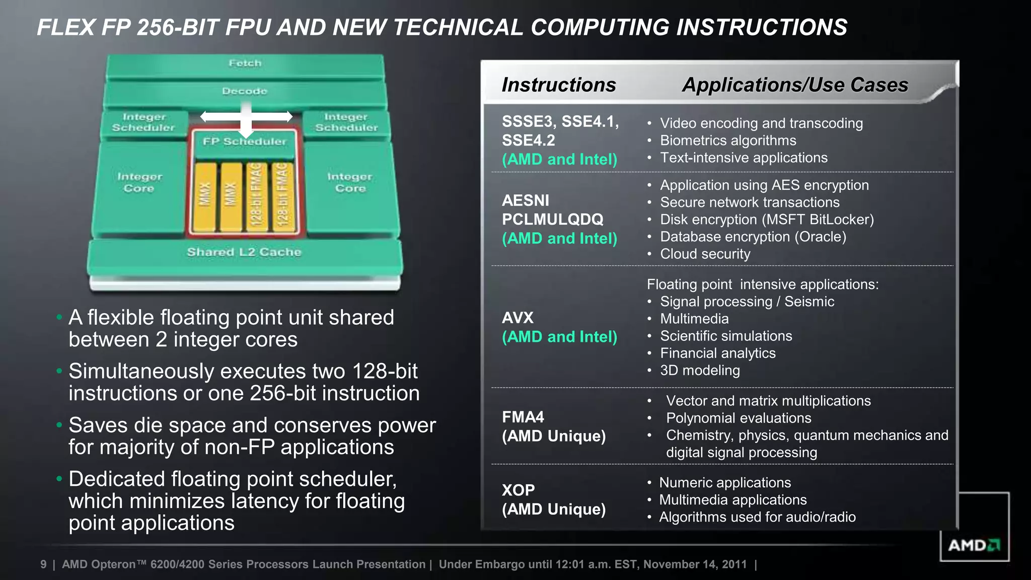 FLEX FP 256-BIT FPU AND NEW TECHNICAL COMPUTING INSTRUCTIONS

                                                                              Instructions                    Applications/Use Cases
                                                                              SSSE3, SSE4.1,           • Video encoding and transcoding
                                                                              SSE4.2                   • Biometrics algorithms
                                                                              (AMD and Intel)          • Text-intensive applications
                                                                                                       •   Application using AES encryption
                                                                              AESNI                    •   Secure network transactions
                                                                              PCLMULQDQ                •   Disk encryption (MSFT BitLocker)
                                                                              (AMD and Intel)          •   Database encryption (Oracle)
                                                                                                       •   Cloud security

                                                                                                       Floating point intensive applications:
                                                                                                       • Signal processing / Seismic
  • A flexible floating point unit shared                                     AVX                      • Multimedia
    between 2 integer cores                                                   (AMD and Intel)          • Scientific simulations
                                                                                                       • Financial analytics
  • Simultaneously executes two 128-bit                                                                • 3D modeling
    instructions or one 256-bit instruction                                                            •   Vector and matrix multiplications
                                                                              FMA4                     •   Polynomial evaluations
  • Saves die space and conserves power                                       (AMD Unique)             •   Chemistry, physics, quantum mechanics and
    for majority of non-FP applications                                                                    digital signal processing

  • Dedicated floating point scheduler,                                       XOP
                                                                                                       • Numeric applications
    which minimizes latency for floating                                                               • Multimedia applications
                                                                              (AMD Unique)             • Algorithms used for audio/radio
    point applications
9 | AMD Opteron™ 6200/4200 Series Processors Launch Presentation | Under Embargo until 12:01 a.m. EST, November 14, 2011 |
 