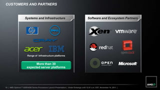 CUSTOMERS AND PARTNERS


                     Systems and Infrastructure                                           Software and Ecosystem Partners




                        Range of Infrastructure platforms


                             More than 30
                       expected server platforms




19 | AMD Opteron™ 6200/4200 Series Processors Launch Presentation | Under Embargo until 12:01 a.m. EST, November 14, 2011 |
 