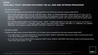 DATA:
AVAILABLE TODAY: SERVERS FEATURING THE ALL NEW AMD OPTERON PROCESSOR

 84% Better performance:
 LINPACK (2P) AMD Opteron processor Model 6276 generates 84% more FLOPS than Intel Xeon processor Model X5670
    – 239.1 FLOPS, AMD Opteron 6276, Trial 127, STEP B2G, Node 1, PROC. 32, PARAM WR01R2R4, N 83200, NB 100, P 4, Q 8, E .81, FC
      gfortran 4.6, BLAS ACML 5.0.0.0, FCFLAGS -fomit-frame-pointer -O3 -funroll-loops -W -Wall -mavx -mfma4, NUMA hwloc, MPI OMPI 1.5.3,
      DIMM MHz 1600, DIMM# 8, DIMM GB 8, Total Capacity 64, System SM H8DGT, OS SLES11 SP1, Kernel 2.6.32.28-fam15h-default, Notes
      HPC mode
    – 130.1 FLOPS, Intel Xeon X5670, Trial 5, STEP NA, Node 1, PROC. 1, PARAM WR01R2R4, N 51744, NB 112, P 2, Q 6, E .93, FC ifort 11.1,
      BLAS MKL 10.3, FCFLAGS O3 -w -ansi-alias -i-static -openmp -nocompchk, NUMA –localalloc, MPI OMPI 1.5.1, DIMM MHz 1333, DIMM# 4,
      DIMM GB 6, Total Capacity 24, System SM X8DTT, OS SLES11, Kernel 2.6.27, Notes Turbo


 73% better scalability:
 STREAM (2P) AMD Opteron processor Model 6276 has 73% higher memory bandwidth than Intel Xeon processor Model X5670
    – 73, 2 x AMD Opteron™ processors Model 6276 in Supermicro H8DGT, 64GB (8 x 8GB DDR3-1600) memory, SuSE Linux® Enterprise Server
      11 SP1 64-bit, x86 Open64 4.2.5-1 Compiler Suite
    – 42, 2 x Intel Xeon processors Model X5670 in Supermicro X8DTT server, 24GB (6 x 4GB DDR3-1333) memory, SuSE Linux® Enterprise Server
      11 SP1 64-bit, Intel Compiler v11.1.064




22 | AMD Opteron™ 6200/4200 Series Processors Launch Presentation | Under Embargo until 12:01 a.m. EST, November 14, 2011 |
 