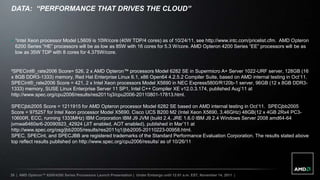 DATA: “PERFORMANCE THAT DRIVES THE CLOUD”



 ¹Intel Xeon processor Model L5609 is 10W/core (40W TDP/4 cores) as of 10/24/11, see http://www.intc.com/pricelist.cfm. AMD Opteron
  6200 Series “HE” processors will be as low as 85W with 16 cores for 5.3 W/core. AMD Opteron 4200 Series “EE” processors will be as
  low as 35W TDP with 8 cores for 4.375W/core.


²SPECint®_rate2006 Score= 526, 2 x AMD Opteron™ processors Model 6282 SE in Supermicro A+ Server 1022-URF server, 128GB (16
x 8GB DDR3-1333) memory, Red Hat Enterprise Linux 6.1, x86 Open64 4.2.5.2 Compiler Suite, based on AMD internal testing in Oct‟11.
SPECint®_rate2006 Score = 421, 2 x Intel Xeon processors Model X5690 in NEC Express5800/R120b-1 server, 96GB (12 x 8GB DDR3-
1333) memory, SUSE Linux Enterprise Server 11 SP1, Intel C++ Compiler XE v12.0.3.174, published Aug‟11 at
http://www.spec.org/cpu2006/results/res2011q3/cpu2006-20110801-17813.html.

SPECjbb2005 Score = 1211915 for AMD Opteron processor Model 6282 SE based on AMD internal testing in Oct‟11. SPECjbb2005
Score = 975257 for Intel Xeon processor Model X5690. Cisco UCS B200 M2 (Intel Xeon X5690, 3.46GHz) 48GB(12 x 4GB 2Rx4 PC3-
10600R, ECC, running 1333MHz) IBM Corporation IBM J9 JVM (build 2.4, JRE 1.6.0 IBM J9 2.4 Windows Server 2008 amd64-64
jvmwa6460sr6-20090923_42924 (JIT enabled, AOT enabled), published in Mar‟11 at
http://www.spec.org/osg/jbb2005/results/res2011q1/jbb2005-20110223-00958.html.
SPEC, SPECint, and SPECJBB are registered trademarks of the Standard Performance Evaluation Corporation. The results stated above
top reflect results published on http://www.spec.org/cpu2006/results/ as of 10/26/11




26 | AMD Opteron™ 6200/4200 Series Processors Launch Presentation | Under Embargo until 12:01 a.m. EST, November 14, 2011 |
 