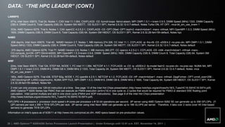 DATA: “THE HPC LEADER” (CONT.)
LAMMPS
 471s, Intel Xeon X5670, Trial 24, Nodes 1, CXX Intel 11.1.064, CXXFLAGS -O2 -funroll-loops -fstrict-aliasin, MPI OMPI 1.5.1 + knem 0.9.5, DIMM Speed (MHz) 1333, DIMM Capacity
  (GB) 4, DIMM Count 6, Total Capacity (GB) 24, System SM X8DTT, OS SLES11 SP1, Kernel 2.6.32.12-0.7-default, Notes Turbo ON, HT OFF, -mca btl_sm_use_knem 1
 333s, AMD Opteron 6276, Trial 9, Nodes 1, CXX openCC 4.2.5.2-1, CXXFLAGS -O3 -OPT:Ofast -OPT:rsqrt=2 -march=bdver1 -mavx -mfma4, MPI OpenMPI 1.5.3, DIMM Speed (MHz)
  1600, DIMM Capacity (GB) 8, DIMM Count 8, Total Capacity (GB) 64, System SM H8DGT, OS SLES11 SP1, Kernel 2.6.32.28-fam15h-default, Notes hpc
NAMD
 .636 day/ns, Intel Xeon X5670, Trial 40, NAMD Version 2.7, Nodes 1, MB memory 274.328, CC Intel 11.1, CCFLAGS -ip -fno-rtti -O3 -xSSE4.2 -no-prec-div, MPI OMPI 1.5.1, DIMM
  Speed (MHz) 1333, DIMM Capacity (GB) 4, DIMM Count 6, Total Capacity (GB) 24, System SM X8DTT, OS SLES11 SP1, Kernel 2.6.32.12-0.7-default, Notes default
 .375 day/ns, AMD Opteron 6276, Trial 77, NAMD Version 2.8, Nodes 1, MB memory 260.277, CC opencc 4.2.5-2.1, CCFLAGS -O3 -m64 -march=bdver1 -mfma4 -mavx -
  CG:compute_to=ON -OPT:Olimit=40000, MPI OpenMPI 1.5.3+knem 0.9.6, DIMM Speed (MHz) 1600, DIMM Capacity (GB) 8, DIMM Count 8, Total Capacity (GB) 64, System SM
  H8DGT, OS SLES11 SP1, Kernel 2.6.32.28-fam15h-default, Notes default
WRF
 224s, Intel Xeon X5670, Trial 124, STEP NA, NODE 1, FC Intel 11.1.064, NETCDF 4.1.1, FCFLAGS -w -O3 -ip -xSSE4.2 -fp-model fast=2 -no-prec-div -no-prec-sqr, NUMA NA, MPI
  OMPI 1.5.1 + knem 0.9.5, DIMM # 6, DIMM GB 4, DIMM MHz 2 1333, Total Capacity 24, System SM X8DTT, OS SLES11 SP1, Kernel 2.6.32.12-0.7-default, Notes -mca
  btl_sm_use_knem 1
 180s, AMD Opteron 6276, Trial 436, STEP B2g, NODE 1, FC open64 4.2.5-1, NETCDF 4.1.2, FCFLAGS -O3 -HP -march=bdver1 -mavx -mfma4 -DpgiFortran -OPT:unroll_size=256 -
  LNO:blocking=off -LANG:copyinout=o, NUMA APP FILE, MPI OMPI 1.5.3, DIMM # 8, DIMM GB 8, DIMM MHz 2 1600, Total Capacity 64, System SM H8DGT, OS SLES11 SP1, Kernel
  2.6.32.28-fam15h-default, Notes NA
 2 Intel can only process one 128-bit instruction at a time. See page 13 of the Intel Hot Chips presentation (http://www.hotchips.org/archives/hc18/3_Tues/HC18.S9/HC18.S9T4.pdf).
  AMD Opteron™ 6200 Series has FMAC that can execute an FMA4 execution (a=b+c*d) in one cycle vs. 2 cycles that would be required for FMA3 or standard SSE floating point
  calculation. Intel cannot multiply and add in one clock cycle (FMA4 and XOP instructions). See page 9 of the Intel Hot Chips presentation
  (http://www.hotchips.org/archives/hc18/3_Tues/HC18.S9/HC18.S9T4.pdf).
²GFLOPS = # processors x processor clock speed x # cores per processor x # 32-bit operations per second. 2P server using AMD Opteron 6282 SE can generate up to 358 GFLOPs. 21
  (2P) servers per rack x 358 = 7518 GFLOPs per rack. 2P server using Intel Xeon 5690 can generate up to 166 GLOPS per server. Therefore, it take over 2 racks (over 45 Intel-based
  servers) to generate 7518 GFLOPs.
Information on Intel‟s specs as of 9/26/11 at http://www.intc.com/priceList.cfm. AMD specs based on pre-production values.



28 | AMD Opteron™ 6200/4200 Series Processors Launch Presentation | Under Embargo until 12:01 a.m. EST, November 14, 2011 |
 