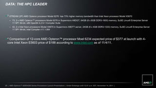DATA: THE HPC LEADER


 3 STREAM (2P) AMD Opteron processor Model 6276             has 73% higher memory bandwidth than Intel Xeon processor Model X5670
    – 73, 2 x AMD Opteron™ processors Model 6276 in Supermicro H8DGT, 64GB (8 x 8GB DDR3-1600) memory, SuSE Linux® Enterprise Server
      11 SP1 64-bit, x86 Open64 4.2.5-1 Compiler Suite
    – 42, 2 x Intel Xeon processors Model X5670 in Supermicro X8DTT server, 24GB (6 x 4GB DDR3-1333) memory, SuSE Linux® Enterprise Server
      11 SP1 64-bit, Intel Compiler v11.1.064



 4 Comparison of 12-core AMD Opteron™ processor Moel 6234 expected price of $377 at launch with 4-
  core Intel Xeon E5603 price of $188 according to www.intel.com as of 11/4/11.




29 | AMD Opteron™ 6200/4200 Series Processors Launch Presentation | Under Embargo until 12:01 a.m. EST, November 14, 2011 |
 