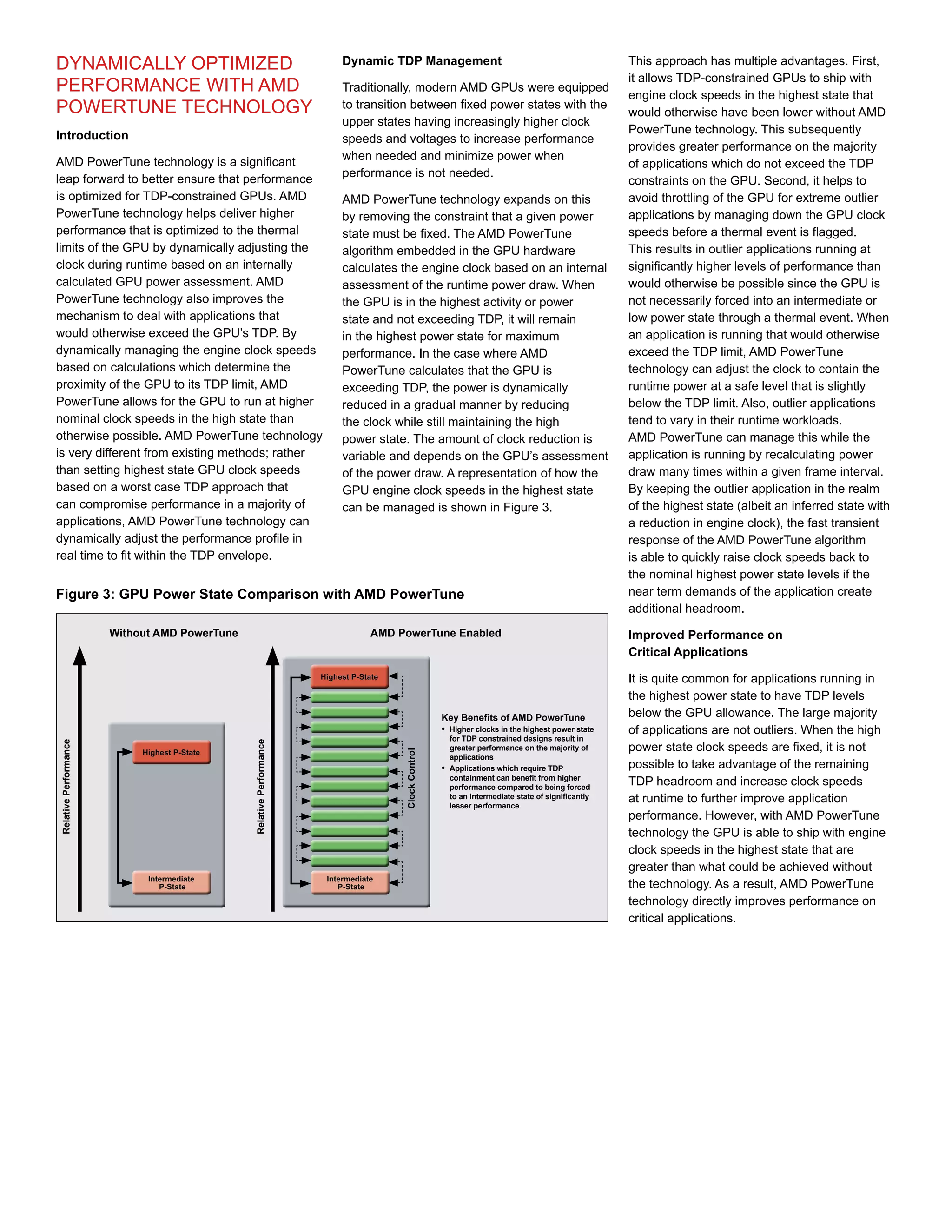 DYNAMICALLY OPTIMIZED                                                 Dynamic TDP Management                                                   This approach has multiple advantages. First,
                                                                                                                                               it allows TDP-constrained GPUs to ship with
PERFORMANCE WITH AMD                                                  Traditionally, modern AMD GPUs were equipped
                                                                                                                                               engine clock speeds in the highest state that
POWERTUNE TECHNOLOGY                                                  to transition between fixed power states with the
                                                                                                                                               would otherwise have been lower without AMD
                                                                      upper states having increasingly higher clock
Introduction                                                                                                                                   PowerTune technology. This subsequently
                                                                      speeds and voltages to increase performance
                                                                                                                                               provides greater performance on the majority
AMD PowerTune technology is a significant                             when needed and minimize power when
                                                                                                                                               of applications which do not exceed the TDP
leap forward to better ensure that performance                        performance is not needed.
                                                                                                                                               constraints on the GPU. Second, it helps to
is optimized for TDP-constrained GPUs. AMD                            AMD PowerTune technology expands on this                                 avoid throttling of the GPU for extreme outlier
PowerTune technology helps deliver higher                             by removing the constraint that a given power                            applications by managing down the GPU clock
performance that is optimized to the thermal                          state must be fixed. The AMD PowerTune                                   speeds before a thermal event is flagged.
limits of the GPU by dynamically adjusting the                        algorithm embedded in the GPU hardware                                   This results in outlier applications running at
clock during runtime based on an internally                           calculates the engine clock based on an internal                         significantly higher levels of performance than
calculated GPU power assessment. AMD                                  assessment of the runtime power draw. When                               would otherwise be possible since the GPU is
PowerTune technology also improves the                                the GPU is in the highest activity or power                              not necessarily forced into an intermediate or
mechanism to deal with applications that                              state and not exceeding TDP, it will remain                              low power state through a thermal event. When
would otherwise exceed the GPU’s TDP. By                              in the highest power state for maximum                                   an application is running that would otherwise
dynamically managing the engine clock speeds                          performance. In the case where AMD                                       exceed the TDP limit, AMD PowerTune
based on calculations which determine the                             PowerTune calculates that the GPU is                                     technology can adjust the clock to contain the
proximity of the GPU to its TDP limit, AMD                            exceeding TDP, the power is dynamically                                  runtime power at a safe level that is slightly
PowerTune allows for the GPU to run at higher                         reduced in a gradual manner by reducing                                  below the TDP limit. Also, outlier applications
nominal clock speeds in the high state than                           the clock while still maintaining the high                               tend to vary in their runtime workloads.
otherwise possible. AMD PowerTune technology                          power state. The amount of clock reduction is                            AMD PowerTune can manage this while the
is very different from existing methods; rather                       variable and depends on the GPU’s assessment                             application is running by recalculating power
than setting highest state GPU clock speeds                           of the power draw. A representation of how the                           draw many times within a given frame interval.
based on a worst case TDP approach that                               GPU engine clock speeds in the highest state                             By keeping the outlier application in the realm
can compromise performance in a majority of                           can be managed is shown in Figure 3.                                     of the highest state (albeit an inferred state with
applications, AMD PowerTune technology can                                                                                                     a reduction in engine clock), the fast transient
dynamically adjust the performance profile in                                                                                                  response of the AMD PowerTune algorithm
real time to fit within the TDP envelope.                                                                                                      is able to quickly raise clock speeds back to
                                                                                                                                               the nominal highest power state levels if the
Figure 3: GPU Power State Comparison with AMD PowerTune                                                                                        near term demands of the application create
                                                                                                                                               additional headroom.
                       Without AMD PowerTune                               AMD PowerTune Enabled                                               Improved Performance on
                                                                                                                                               Critical Applications

                                                                                                                                               It is quite common for applications running in
                                                                                                                                               the highest power state to have TDP levels
                                                                                                 Key Benefits of AMD PowerTune                 below the GPU allowance. The large majority
                                                                                                 • Higher clocks in the highest power state
                                                                                                                                              of applications are not outliers. When the high
                                                                                                   for TDP constrained designs result in
Relative Performance




                                               Relative Performance




                                                                                                   greater performance on the majority of      power state clock speeds are fixed, it is not
                                                                                 Clock Control




                                                                                                   applications
                                                                                                 • Applications which require TDP
                                                                                                                                              possible to take advantage of the remaining
                                                                                                   containment can benefit from higher
                                                                                                   performance compared to being forced
                                                                                                                                               TDP headroom and increase clock speeds
                                                                                                   to an intermediate state of significantly
                                                                                                   lesser performance
                                                                                                                                               at runtime to further improve application
                                                                                                                                               performance. However, with AMD PowerTune
                                                                                                                                               technology the GPU is able to ship with engine
                                                                                                                                               clock speeds in the highest state that are
                                                                                                                                               greater than what could be achieved without
                                                                                                                                               the technology. As a result, AMD PowerTune
                                                                                                                                               technology directly improves performance on
                                                                                                                                               critical applications.
 
