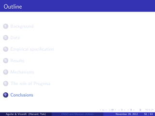 Outline


1   Background

2   Data

3   Empirical speciﬁcation

4   Results

5   Mechanisms

6   The role of Progresa

7   Conclusions


Aguilar & Vicarelli (Harvard, Yale)   ENSO and Mexican children   November 29, 2012   58 / 63
 