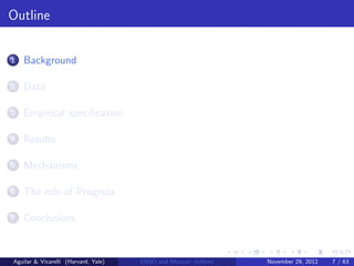 Outline


1   Background

2   Data

3   Empirical speciﬁcation

4   Results

5   Mechanisms

6   The role of Progresa

7   Conclusions


Aguilar & Vicarelli (Harvard, Yale)   ENSO and Mexican children   November 29, 2012   7 / 63
 