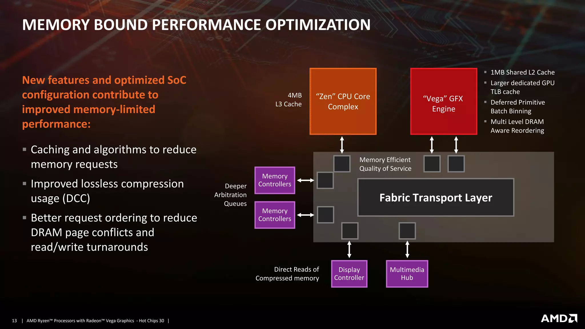 | AMD Ryzen™ Processors with Radeon™ Vega Graphics - Hot Chips 30 |13
MEMORY BOUND PERFORMANCE OPTIMIZATION
New features and optimized SoC
configuration contribute to
improved memory-limited
performance:
▪ Caching and algorithms to reduce
memory requests
▪ Improved lossless compression
usage (DCC)
▪ Better request ordering to reduce
DRAM page conflicts and
read/write turnarounds
Fabric Transport Layer
Memory
Controllers
“Vega” GFX
Engine
“Zen” CPU Core
Complex
Memory
Controllers
Display
Controller
Multimedia
Hub
4MB
L3 Cache
▪ 1MB Shared L2 Cache
▪ Larger dedicated GPU
TLB cache
▪ Deferred Primitive
Batch Binning
▪ Multi Level DRAM
Aware Reordering
Deeper
Arbitration
Queues
Direct Reads of
Compressed memory
Memory Efficient
Quality of Service
 