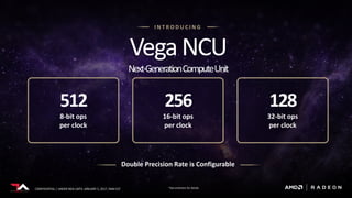 CONFIDENTIAL | UNDER NDA UNTIL JANUARY 5, 2017, 9AM EST
I N T R O D U C I N G
VegaNCU
Next-GenerationComputeUnit
512
8-bit ops
per clock
256
16-bit ops
per clock
128
32-bit ops
per clock
Double Precision Rate is Configurable
*See endnotes for details
 