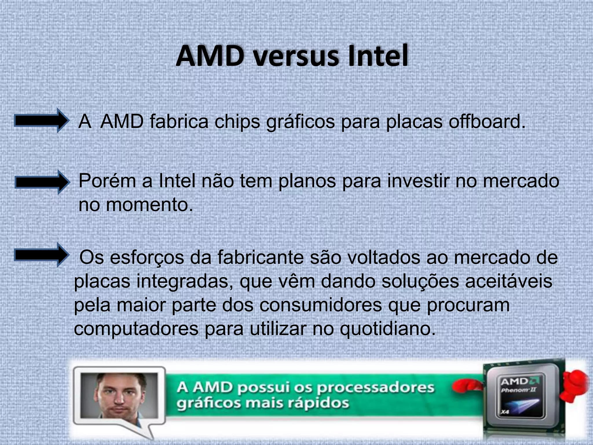 AMD versus IntelA  AMD fabrica chips gráficos para placas offboard. Porém a Intel não tem planos para investir no mercado no momento. Os esforços da fabricante são voltados ao mercado de placas integradas, que vêm dando soluções aceitáveis pela maior parte dos consumidores que procuram computadores para utilizar no quotidiano. 