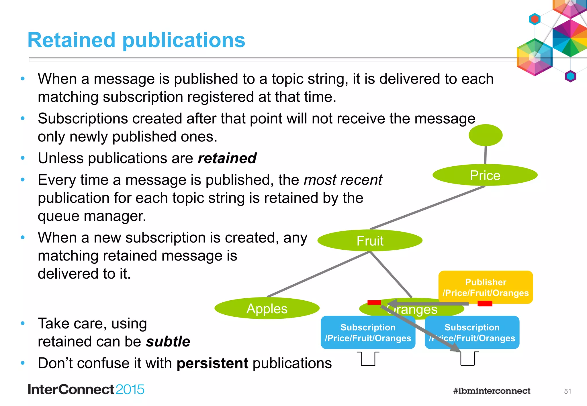 33
Subscription types
• There are many different types of subscriptions:
• Administered or application created
• Durable or non-durable
• Managed or unmanaged subscription queues
• These different aspects of a subscription can be combined, don’t
assume it’s one or the other…
 