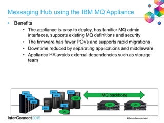 Messaging Hub using the IBM MQ Appliance
• Benefits
• The appliance is easy to deploy, has familiar MQ admin
interfaces, supports existing MQ definitions and security
• The firmware has fewer POVs and supports rapid migrations
• Downtime reduced by separating applications and middleware
• Appliance HA avoids external dependencies such as storage
team
11
app
app
app
app
app
app
app
app
QM
app QM QM
QM
MQ backbone
 