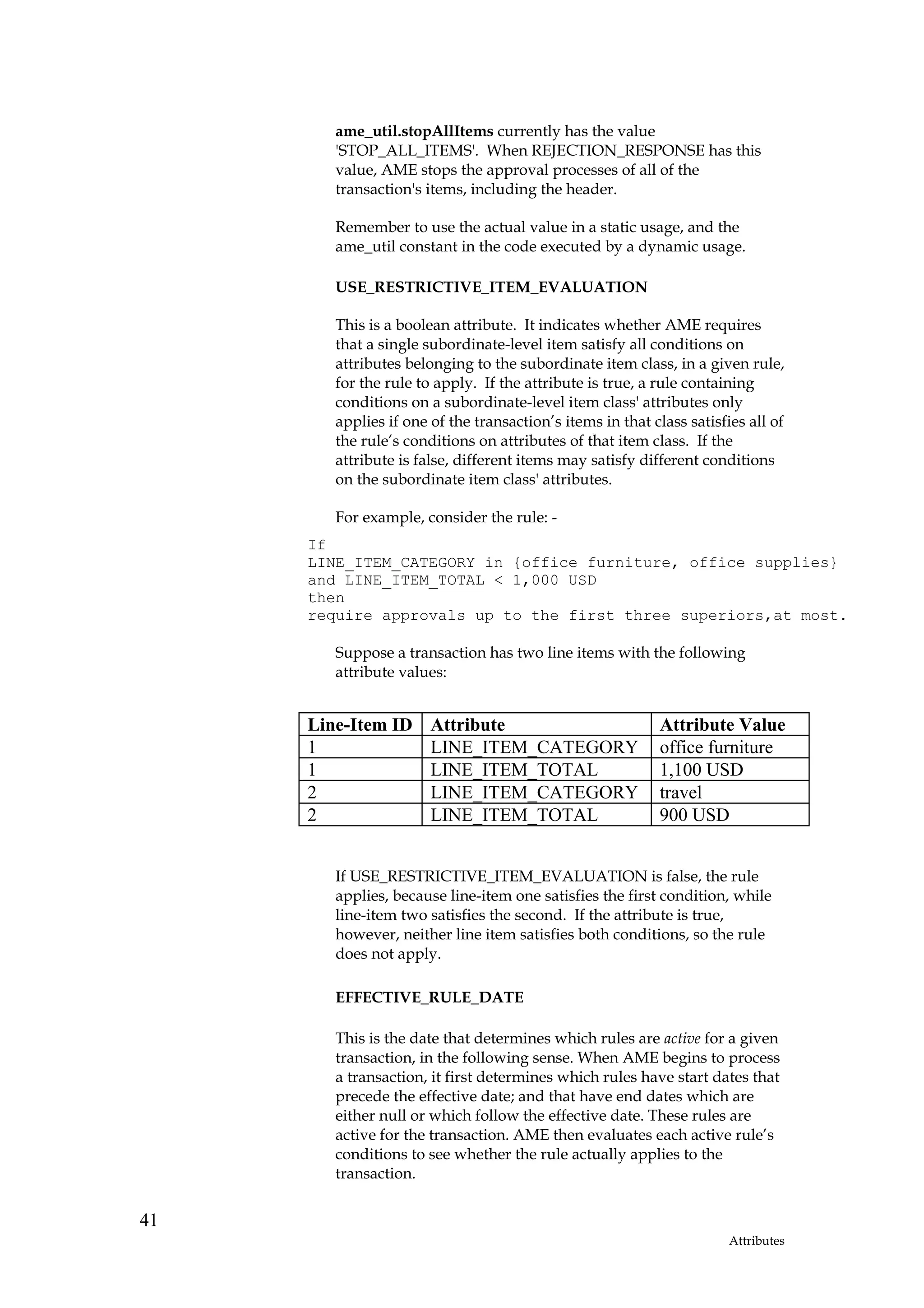 ame_util.stopAllItems currently has the value
        'STOP_ALL_ITEMS'. When REJECTION_RESPONSE has this
        value, AME stops the approval processes of all of the
        transaction's items, including the header.

        Remember to use the actual value in a static usage, and the
        ame_util constant in the code executed by a dynamic usage.

        USE_RESTRICTIVE_ITEM_EVALUATION

        This is a boolean attribute. It indicates whether AME requires
        that a single subordinate-level item satisfy all conditions on
        attributes belonging to the subordinate item class, in a given rule,
        for the rule to apply. If the attribute is true, a rule containing
        conditions on a subordinate-level item class' attributes only
        applies if one of the transaction’s items in that class satisfies all of
        the rule’s conditions on attributes of that item class. If the
        attribute is false, different items may satisfy different conditions
        on the subordinate item class' attributes.

        For example, consider the rule: -
     If
     LINE_ITEM_CATEGORY in {office furniture, office supplies}
     and LINE_ITEM_TOTAL < 1,000 USD
     then
     require approvals up to the first three superiors,at most.

        Suppose a transaction has two line items with the following
        attribute values:


     Line-Item ID      Attribute                           Attribute Value
     1                 LINE_ITEM_CATEGORY                  office furniture
     1                 LINE_ITEM_TOTAL                     1,100 USD
     2                 LINE_ITEM_CATEGORY                  travel
     2                 LINE_ITEM_TOTAL                     900 USD


        If USE_RESTRICTIVE_ITEM_EVALUATION is false, the rule
        applies, because line-item one satisfies the first condition, while
        line-item two satisfies the second. If the attribute is true,
        however, neither line item satisfies both conditions, so the rule
        does not apply.

        EFFECTIVE_RULE_DATE

        This is the date that determines which rules are active for a given
        transaction, in the following sense. When AME begins to process
        a transaction, it first determines which rules have start dates that
        precede the effective date; and that have end dates which are
        either null or which follow the effective date. These rules are
        active for the transaction. AME then evaluates each active rule’s
        conditions to see whether the rule actually applies to the
        transaction.


41
                                                                       Attributes
 