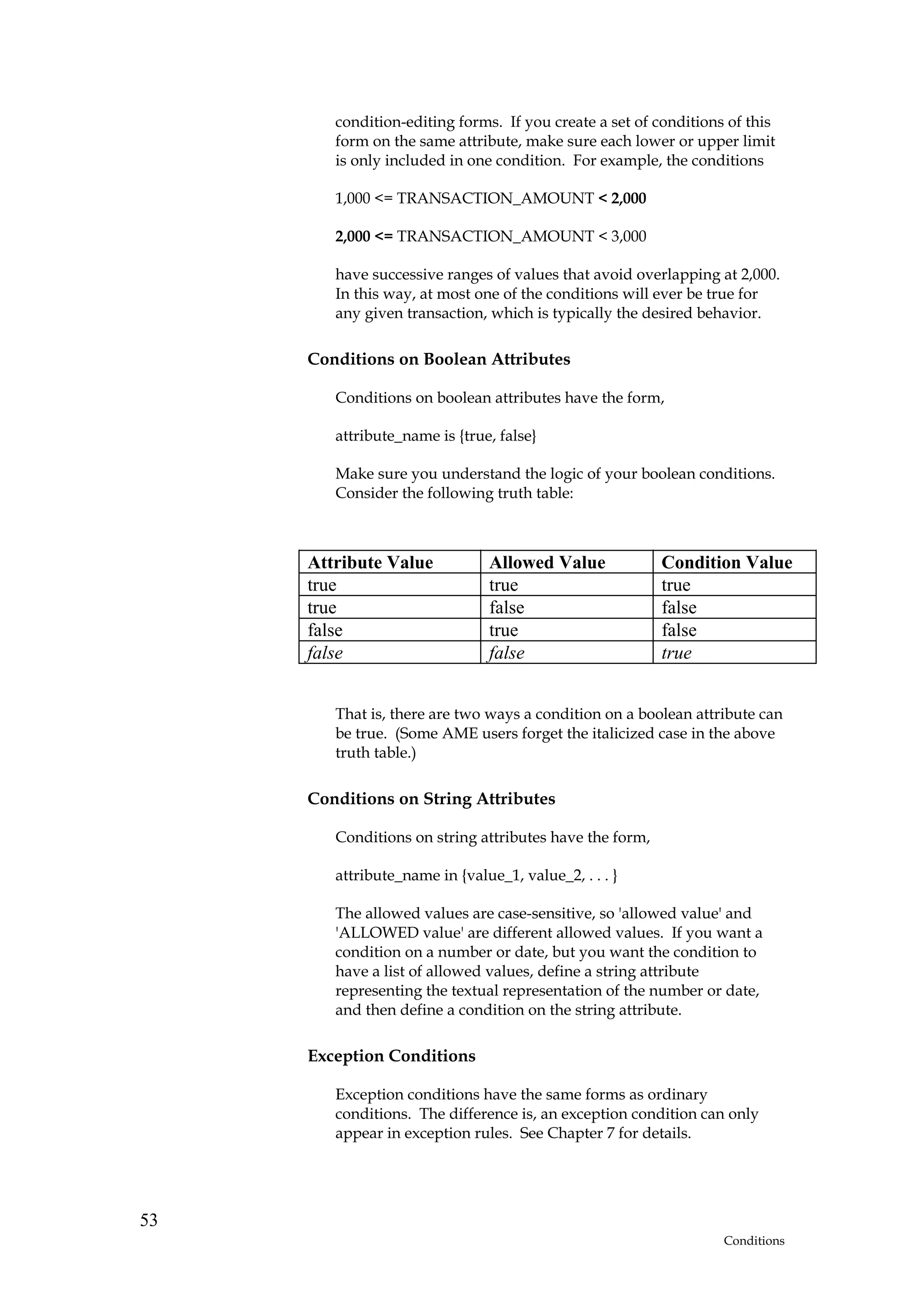 condition-editing forms. If you create a set of conditions of this
        form on the same attribute, make sure each lower or upper limit
        is only included in one condition. For example, the conditions

        1,000 <= TRANSACTION_AMOUNT < 2,000

        2,000 <= TRANSACTION_AMOUNT < 3,000

        have successive ranges of values that avoid overlapping at 2,000.
        In this way, at most one of the conditions will ever be true for
        any given transaction, which is typically the desired behavior.

     Conditions on Boolean Attributes

        Conditions on boolean attributes have the form,

        attribute_name is {true, false}

        Make sure you understand the logic of your boolean conditions.
        Consider the following truth table:



     Attribute Value           Allowed Value             Condition Value
     true                      true                      true
     true                      false                     false
     false                     true                      false
     false                     false                     true


        That is, there are two ways a condition on a boolean attribute can
        be true. (Some AME users forget the italicized case in the above
        truth table.)

     Conditions on String Attributes

        Conditions on string attributes have the form,

        attribute_name in {value_1, value_2, . . . }

        The allowed values are case-sensitive, so 'allowed value' and
        'ALLOWED value' are different allowed values. If you want a
        condition on a number or date, but you want the condition to
        have a list of allowed values, define a string attribute
        representing the textual representation of the number or date,
        and then define a condition on the string attribute.

     Exception Conditions

        Exception conditions have the same forms as ordinary
        conditions. The difference is, an exception condition can only
        appear in exception rules. See Chapter 7 for details.




53
                                                                  Conditions
 