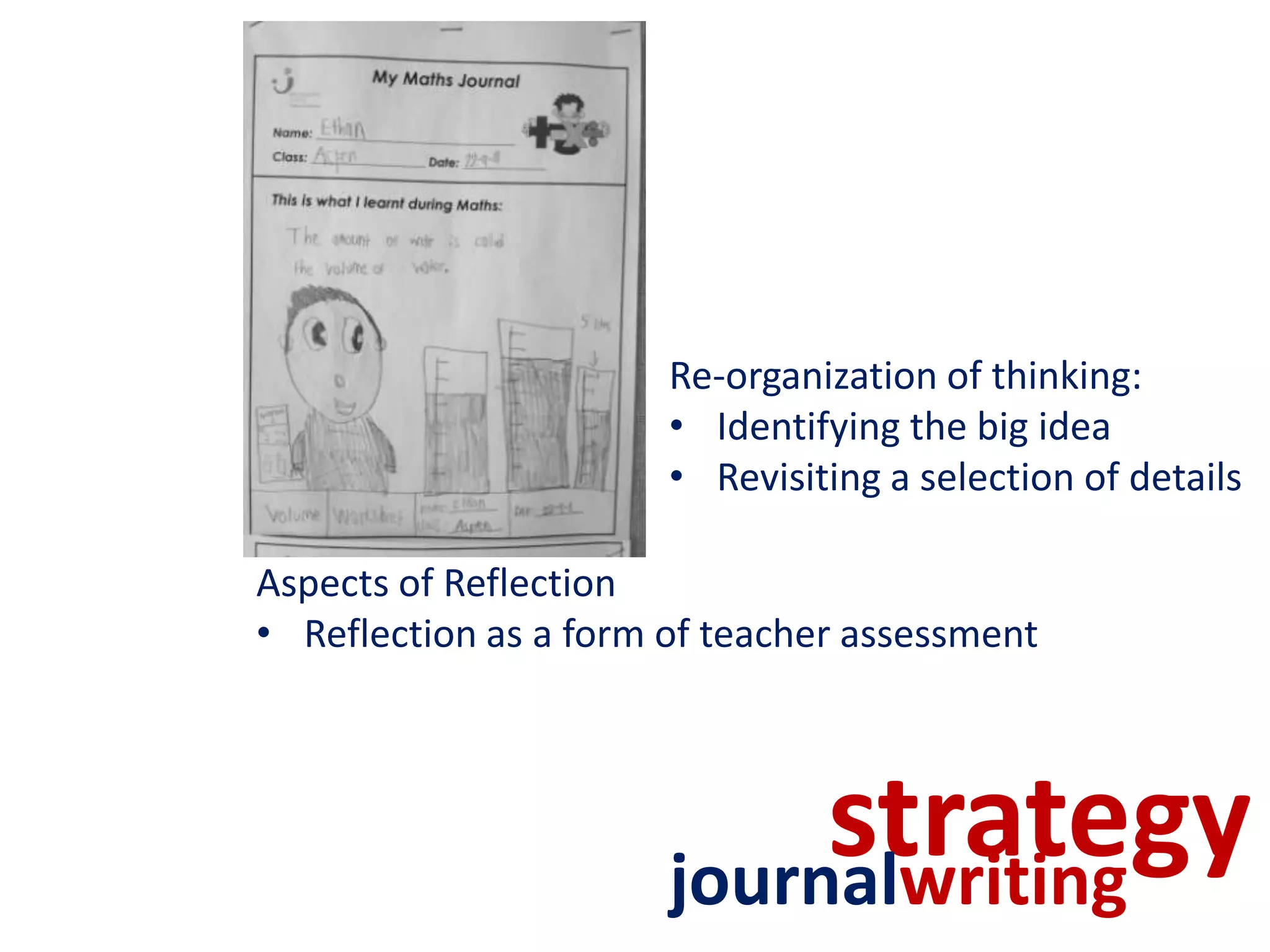 Re-organization of thinking:
                       • Identifying the big idea
                       • Revisiting a selection of details

Aspects of Reflection
• Reflection as a form of teacher assessment



                            strategy
                       journalwriting
 