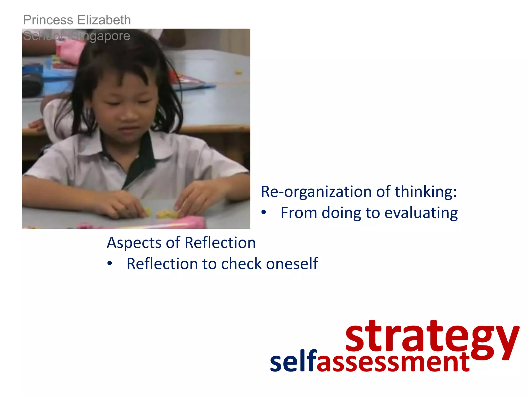 Princess Elizabeth
School, Singapore




                                  Re-organization of thinking:
                                  • From doing to evaluating
             Aspects of Reflection
             • Reflection to check oneself



                                         strategy
                                   selfassessment
 