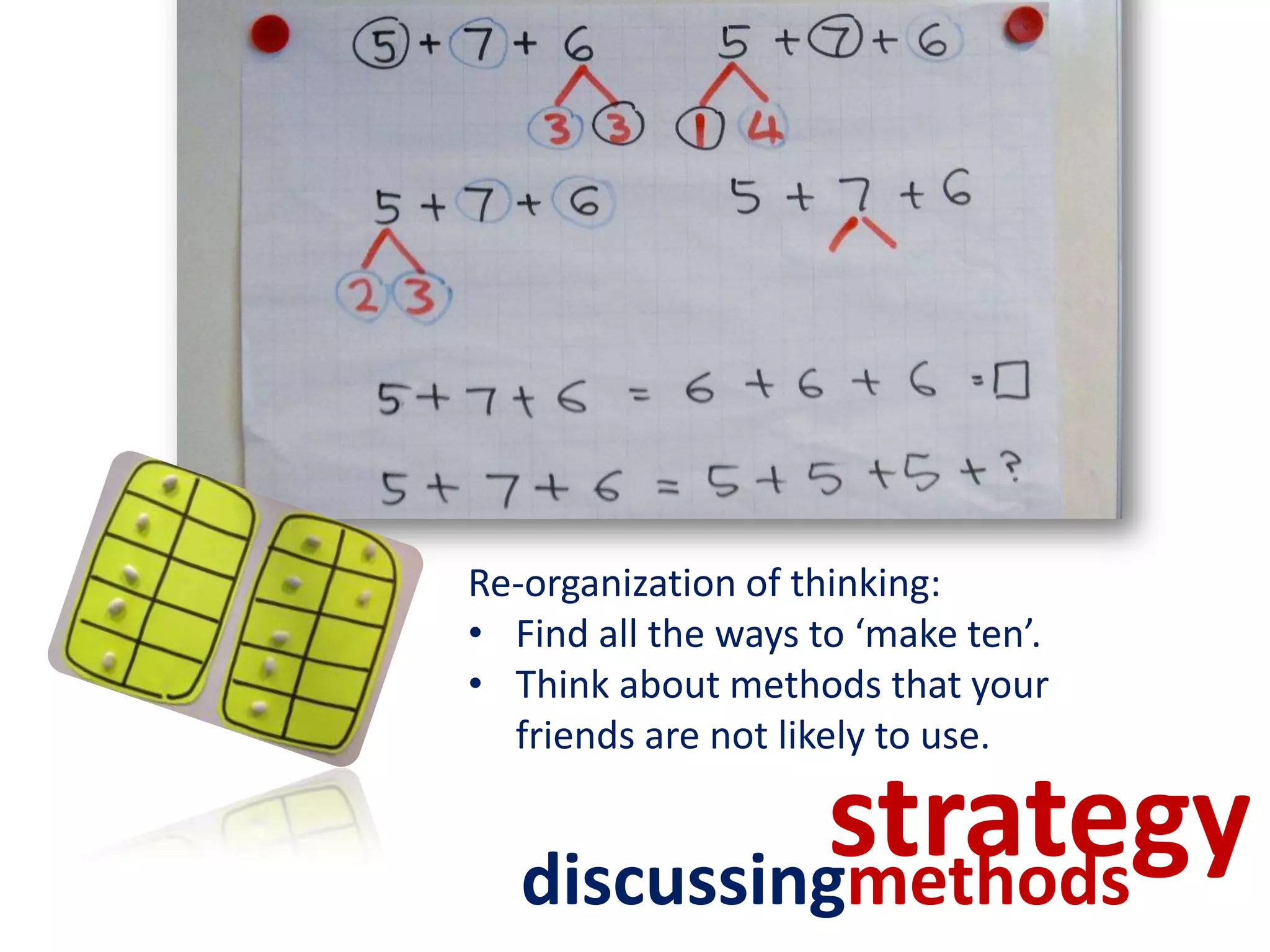 Re-organization of thinking:
• Find all the ways to ‘make ten’.
• Think about methods that your
  friends are not likely to use.

            strategy
   discussingmethods
 