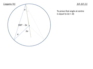 Lesson 41                                       10.10.11

                  a
                        b   To prove that angle at centre
                            is equal to 2a + 2b



            180o - 2a

                      2a
            a
 