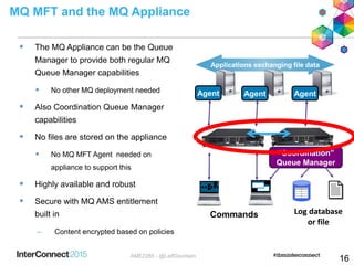 Log database
or file
MQ MFT and the MQ Appliance
 The MQ Appliance can be the Queue
Manager to provide both regular MQ
Queue Manager capabilities
 No other MQ deployment needed
 Also Coordination Queue Manager
capabilities
 No files are stored on the appliance
 No MQ MFT Agent needed on
appliance to support this
 Highly available and robust
 Secure with MQ AMS entitlement
built in
– Content encrypted based on policies
Applications exchanging file data
IBM MQ
Agent Agent Agent
“Coordination”
Queue Manager
Commands
16AME2285 - @LeifDavidsen
 