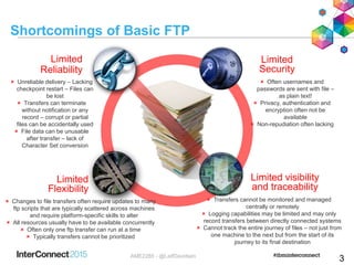 Shortcomings of Basic FTP
Limited
Flexibility
Limited
Security
Limited visibility
and traceability
Limited
Reliability
 Unreliable delivery – Lacking
checkpoint restart – Files can
be lost
 Transfers can terminate
without notification or any
record – corrupt or partial
files can be accidentally used
 File data can be unusable
after transfer – lack of
Character Set conversion
 Often usernames and
passwords are sent with file –
as plain text!
 Privacy, authentication and
encryption often not be
available
 Non-repudiation often lacking
 Transfers cannot be monitored and managed
centrally or remotely
 Logging capabilities may be limited and may only
record transfers between directly connected systems
 Cannot track the entire journey of files – not just from
one machine to the next but from the start of its
journey to its final destination
 Changes to file transfers often require updates to many
ftp scripts that are typically scattered across machines
and require platform-specific skills to alter
 All resources usually have to be available concurrently
 Often only one ftp transfer can run at a time
 Typically transfers cannot be prioritized
3AME2285 - @LeifDavidsen
 
