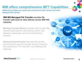 IBM offers comprehensive MFT Capabilities
 IBM MQ Managed File Transfer provides file
transfer optimized for data delivery across IBM MQ
networks
 Sterling Connect Direct provides peer-to-peer file
transfer optimized for data delivery within and
between enterprises across Connect:Direct
protocol
 Sterling Control Center Manage file transfer
activity across your file transfer servers including
Connect:Direct, FTP, MQ MFT and Sterling File
Gateway
Addressing multiple use cases and scenarios for both internal and multi-
enterprise file transfer
8AME2285 - @LeifDavidsen
 