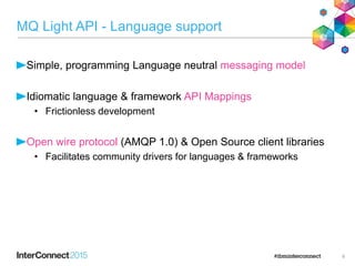 MQ Light API - Language support
9
Simple, programming Language neutral messaging model
Idiomatic language & framework API Mappings
• Frictionless development
Open wire protocol (AMQP 1.0) & Open Source client libraries
• Facilitates community drivers for languages & frameworks
 