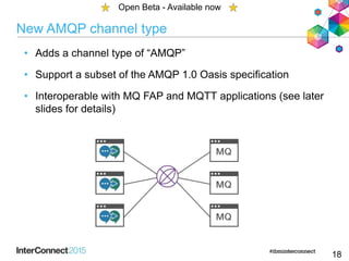 New AMQP channel type
• Adds a channel type of “AMQP”
• Support a subset of the AMQP 1.0 Oasis specification
• Interoperable with MQ FAP and MQTT applications (see later
slides for details)
18
Open Beta - Available now
 