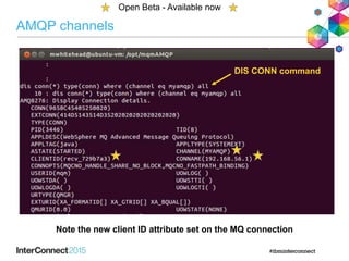 AMQP channels
Open Beta - Available now
Note the new client ID attribute set on the MQ connection
DIS CONN command
 