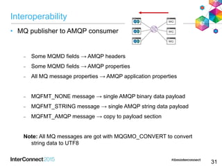 Interoperability
• MQ publisher to AMQP consumer
 Some MQMD fields → AMQP headers
 Some MQMD fields → AMQP properties
 All MQ message properties → AMQP application properties
 MQFMT_NONE message → single AMQP binary data payload
 MQFMT_STRING message → single AMQP string data payload
 MQFMT_AMQP message → copy to payload section
Note: All MQ messages are got with MQGMO_CONVERT to convert
string data to UTF8
31
 