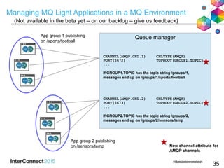 Managing MQ Light Applications in a MQ Environment
35
Queue managerApp group 1 publishing
on /sports/football
CHANNEL(AMQP.CHL.1) CHLTYPE(AMQP)
PORT(5672) TOPROOT(GROUP1.TOPIC)
...
If GROUP1.TOPIC has the topic string /groups/1,
messages end up on /groups/1/sports/football
App group 2 publishing
on /sensors/temp New channel attribute for
AMQP channels
CHANNEL(AMQP.CHL.2) CHLTYPE(AMQP)
PORT(5673) TOPROOT(GROUP2.TOPIC)
...
If GROUP2.TOPIC has the topic string /groups/2,
messages end up on /groups/2/sensors/temp
(Not available in the beta yet – on our backlog – give us feedback)
 