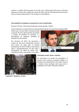 10
resolver o conflito têm fracassado. De acordo com o Observatório Sírio para os Direitos
Humanos, do início dos conflitos até março de 2014, mais de 140 mil pessoas já morreram.
Entre os mortos estão mais de 7 mil crianças e 5 mil mulheres.
Necessidade de mudança e promessa de nova Constituição
Há quase 50 anos, a Síria é governada pelo mesmo partido, o Baath.
O país é liderado com mãos de ferro pelo presidente Bashar Al-Assad desde julho de 2000.
Antes disso, seu pai, Hafez al-Assad, presidiu
o país por 30 anos. Nesse período, ele proibiu
a criação de partidos de oposição e a
participação de qualquer candidato de
oposição em uma eleição.
Em fevereiro de 2012, foi anunciada a
criação de uma nova Constituição, prevista
para entrar em vigor após as eleições
presidenciais de 2014. Embora o documento
adote o pluripartidarismo, ele não reduz a
permanência do chefe de estado sob o
comando da nação, nem mesmo o seu poder.
Principais armas: fome e miséria
Os movimentos de Assad são estratégicos. O
governo sírio controla as grandes cidades e as
estradas mais importantes e tem usado a fome e
a miséria como principal arma para punir a
população civil, maior vítima dos conflitos.
Legenda 5- Bashar Al- Assad
Legenda 6 – Destroços na Síria
 