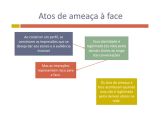 Atos de ameaça à faceAtos de ameaça à face
Essa identidade é 
Ao construir um perfil, se 
constroem as impressões que se 
legitimada (ou não) pelos 
demais atores ao longo 
das conversações
deseja dar aos atores e à audiência
invisível
ç
Mas as interações
t irepresentam risco para 
a face.
Os atos de ameaça àOs atos de ameaça à 
face acontecem quando
esta não é legitimada 
l d ipelos demais atores na
rede.
 