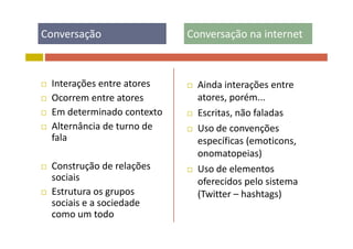 Conversação  Conversação na internet ç ç
 Interações entre atores
Ocorrem entre atores
 Ainda interações entre 
atores porém Ocorrem entre atores
 Em determinado contexto
Alternância de t rno de
atores, porém...
 Escritas, não faladas
d Alternância de turno de 
fala
 Uso de convenções 
específicas (emoticons, 
onomatopeias)
 Construção de relações 
sociais
onomatopeias)
 Uso de elementos 
oferecidos pelo sistema
 Estrutura os grupos 
sociais e a sociedade 
oferecidos pelo sistema 
(Twitter – hashtags)
como um todo
 