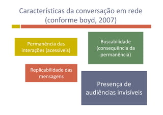 Características da conversação em rede 
( f b d 2007)(conforme boyd, 2007)
Permanência das Buscabilidade Permanência das 
interações (acessíveis) (consequência da 
permanência)
Replicabilidade dasReplicabilidade das 
mensagens
Presença dePresença de 
audiências invisíveis
 