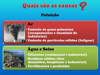 Poluição
Ar
•Emissão de gases poluentes
(escapamentos e chaminés de
indústrias)
•Emissão de partículas sólidas (fuligem)
Água e Solos
•Efluentes (residencial e industrial)
•Resíduos sólidos (lixo
doméstico, hospitalar e industrial)
•Fertilizantes e pesticidas
54
55
 