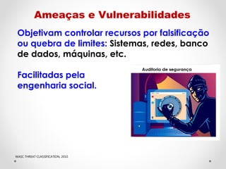 WASC THREAT CLASSIFICATION, 2010
Objetivam controlar recursos por falsificação
ou quebra de limites: Sistemas, redes, banco
de dados, máquinas, etc.
Facilitadas pela
engenharia social.
Ameaças e Vulnerabilidades
 