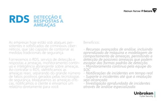 RDS
As empresas hoje estão sob ataques per-
sistentes e sofisticados de criminosos ciber-
néticos, que são capazes de contornar as
medidas tradicionais de segurança.
Fornecemos o RDS, serviço de detecção e
respostas a ameaças, monitoramento contín-
uo e inteligência abrangente sobre ameaças.
Ao contratar o RDS, identificamos as
ameaças reais, separando do grande número
de falsos positivos gerados pelas tecnologias
de segurança, bloqueamos as ameaças críti-
cas, notificamos o cliente e enviamos um
relatório diretamente para você.
Benefícios:
- Recursos avançados de análise, incluindo
aprendizado de máquina e modelagem de
comportamento de ameaças, permitindo a
detecção de possíveis ameaças que podem
escapar das formas padrão de detecção.
- Monitoramento contínuo pela equipe do
SOC
- Notificações de incidentes em tempo real
- Suporte a incidentes até que a resolução
seja alcançada
- Investigação aprofundada de incidentes
através de análise especializada.
DETECÇÃO E
RESPOSTAS A
AMEAÇAS
 