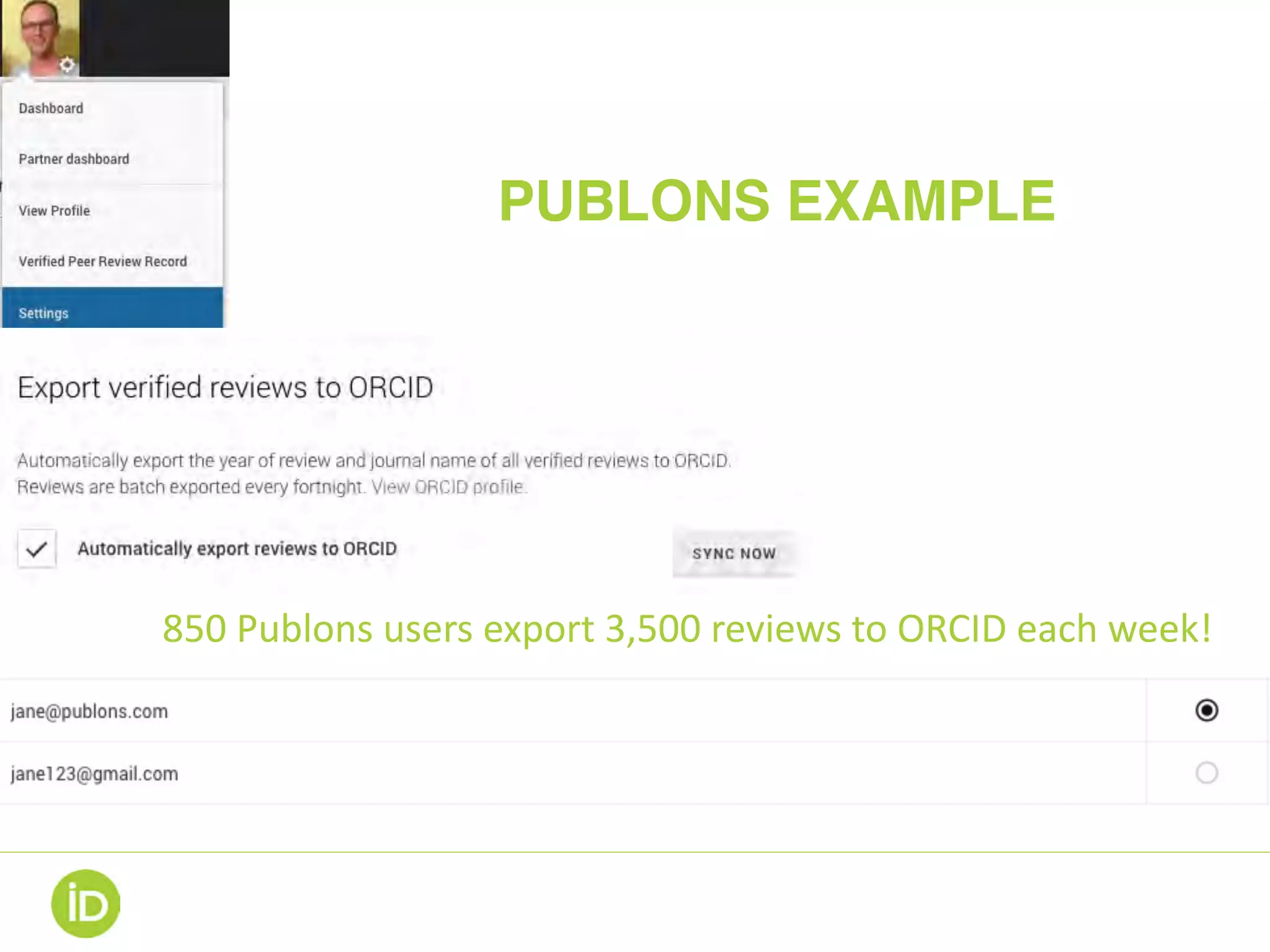 PUBLONS EXAMPLE 
850	Publons	users	export	3,500	reviews	to	ORCID	each	week!	
 