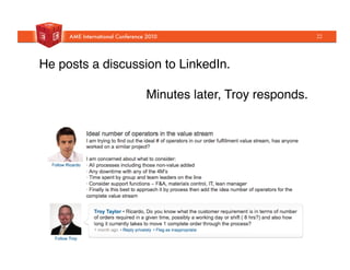 He posts a discussion to LinkedIn."
Minutes later, Troy responds."
22
 