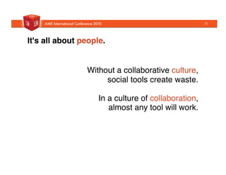 Without a collaborative culture,
social tools create waste."
In a culture of collaboration,
almost any tool will work."
 It's all about people.!
31
 