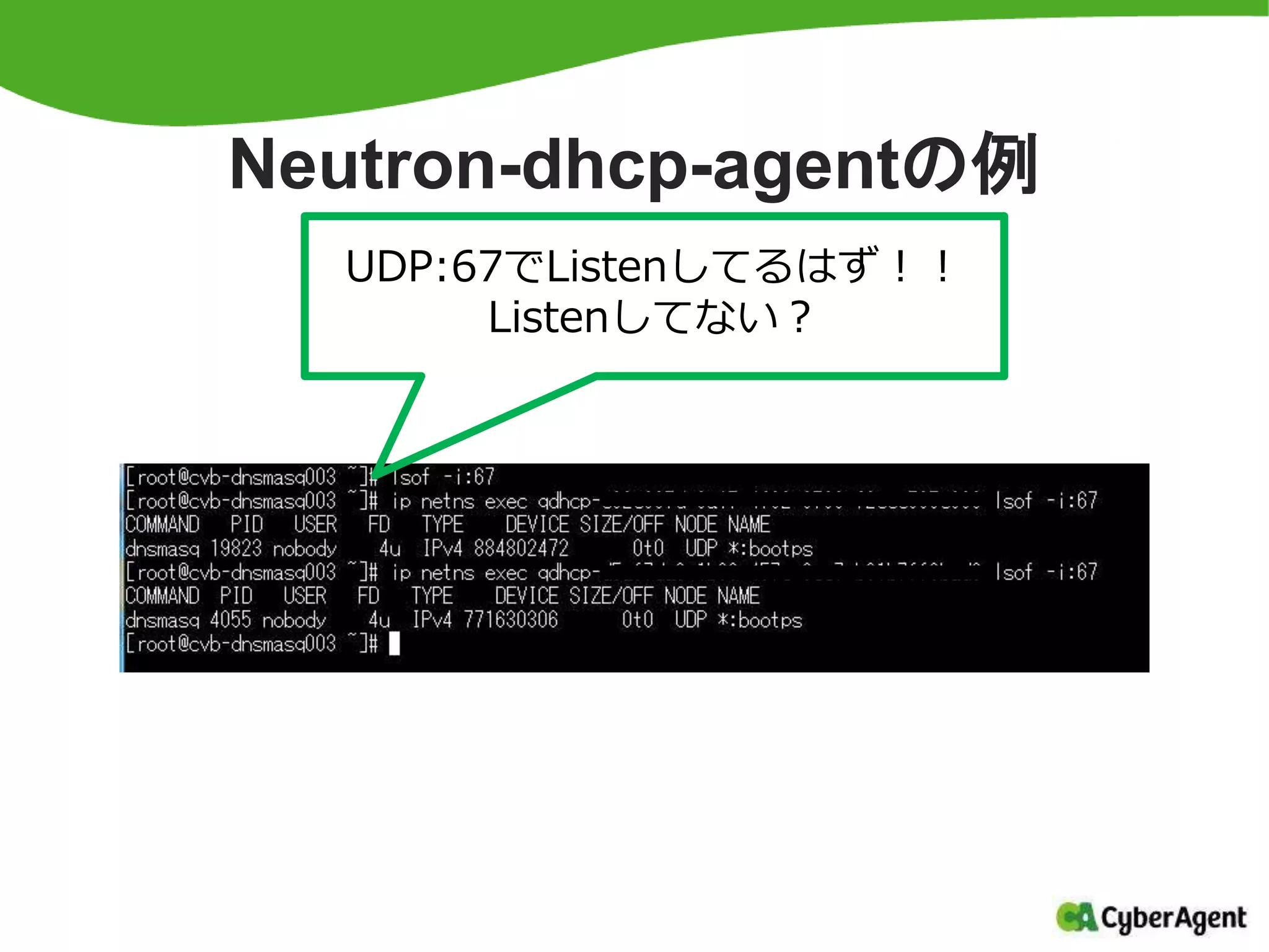 Neutron-dhcp-agentの例
UDP:67でListenしてるはず！！
Listenしてない？
 