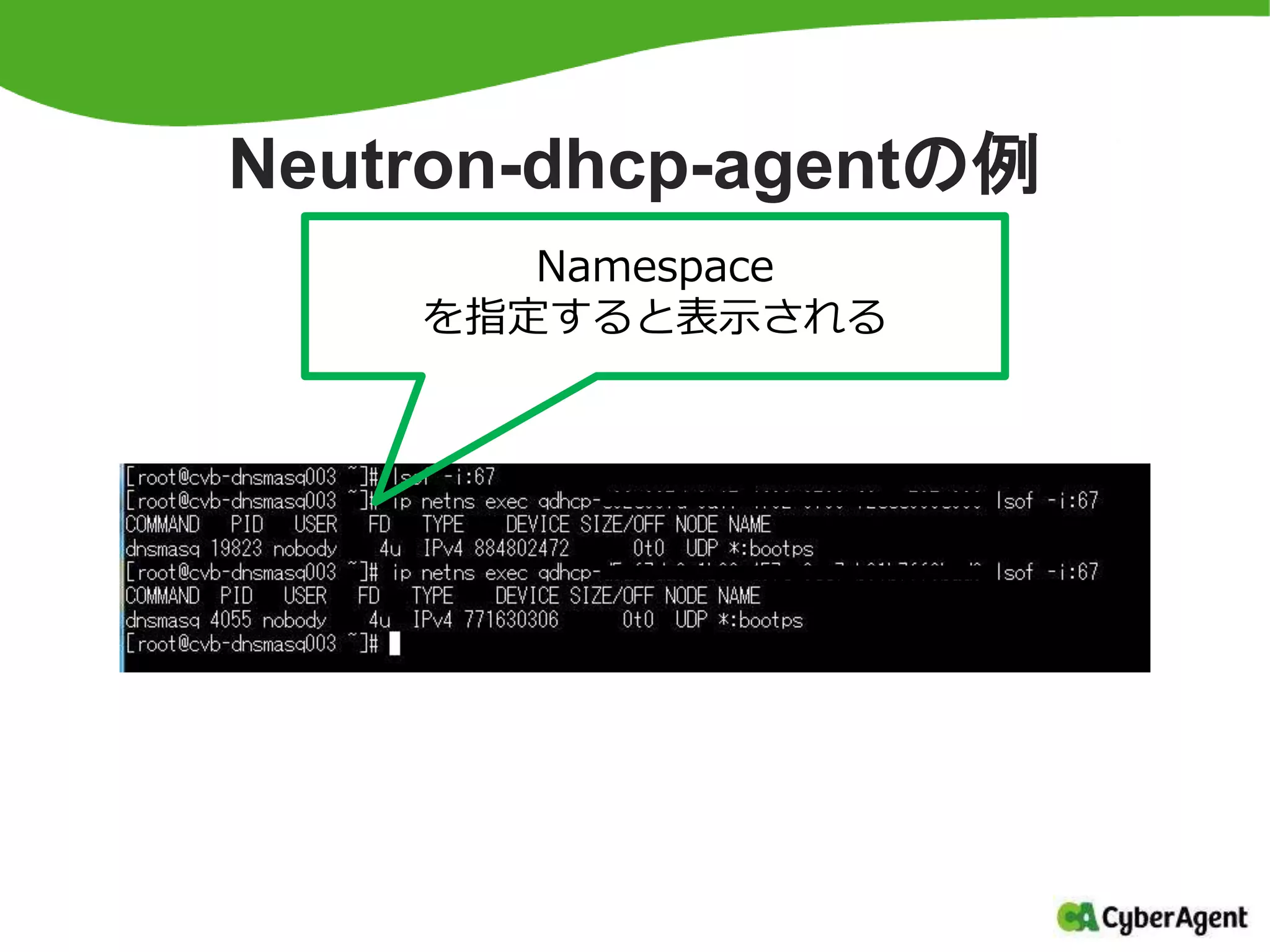 Neutron-dhcp-agentの例
Namespace
を指定すると表示される
 
