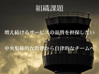 え けるサービスの を したい増 続 品質 担保
な から なチームへ中央集権的 管理 自律的
組織課題
 