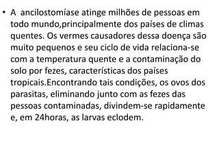 • A ancilostomíase atinge milhões de pessoas em
  todo mundo,principalmente dos países de climas
  quentes. Os vermes causadores dessa doença são
  muito pequenos e seu ciclo de vida relaciona-se
  com a temperatura quente e a contaminação do
  solo por fezes, características dos países
  tropicais.Encontrando tais condições, os ovos dos
  parasitas, eliminando junto com as fezes das
  pessoas contaminadas, divindem-se rapidamente
  e, em 24horas, as larvas eclodem.
 