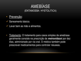 AMEBÍASE
(ENTAMOEBA HYSTOLITICA)
• Prevenção:
 Saneamento básico.
 Lavar bem as mão e alimentos.
• Tratamento: O tratamento para casos simples de amebíase
geralmente consiste na prescrição de metronidazol por dez
dias, administrado por via oral. O médico também pode
prescrever medicamentos para controlar náuseas.
 