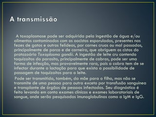 A toxoplasmose pode ser adquirida pela ingestão de água e/ou
alimentos contaminados com os oocistos esporulados, presentes nas
fezes de gatos e outros felídeos, por carnes cruas ou mal passadas,
principalmente de porco e de carneiro, que abriguem os cistos do
protozoário Toxoplasma gondii. A ingestão de leite cru contendo
taquizoítos do parasito, principalmente de cabras, pode ser uma
forma de infecção, mas provavelmente rara, pois a cabra tem de se
infectar durante a lactação para que exista a possibilidade de
passagem de taquizoítos para o leite.
 Pode ser transmitida, também, da mãe para o filho, mas não se
transmite de uma pessoa para outra exceto por transfusão sanguínea
e transplante de órgãos de pessoas infectadas. Seu diagnóstico é
feito levando em conta exames clínicos e exames laboratoriais de
sangue, onde serão pesquisadas imunoglobulinas como a IgM e IgG.
 