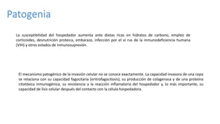 Patogenia
La susceptibilidad del hospedador aumenta ante dietas ricas en hidratos de carbono, empleo de
corticoides, desnutrición proteica, embarazo, infección por el vi rus de la inmunodeficiencia humana
(VIH) y otros estados de inmunosupresión.
El mecanismo patogénico de la invasión celular no se conoce exactamente. La capacidad invasora de una cepa
se relaciona con su capacidad fagocitaria (eritrofagocitosis), su producción de colagenasa y de una proteína
citotóxica inmunogénica, su resistencia a la reacción inflamatoria del hospedador y, lo más importante, su
capacidad de lisis celular después del contacto con la célula hospedadora.
 