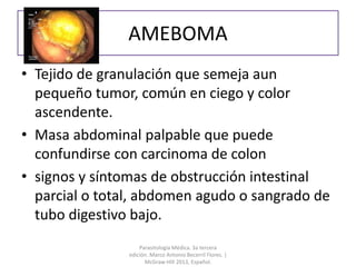 AMEBOMA
• Tejido de granulación que semeja aun
pequeño tumor, común en ciego y color
ascendente.
• Masa abdominal palpable que puede
confundirse con carcinoma de colon
• signos y síntomas de obstrucción intestinal
parcial o total, abdomen agudo o sangrado de
tubo digestivo bajo.
Parasitología Médica. 3a tercera
edición. Marco Antonio Becerril Flores. |
McGraw-Hill 2013, Español.
 