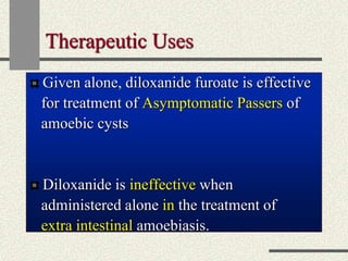 Therapeutic Uses
Given alone, diloxanide furoate is effective
for treatment of Asymptomatic Passers of
amoebic cysts
Diloxanide is ineffective when
administered alone in the treatment of
extra intestinal amoebiasis.
 