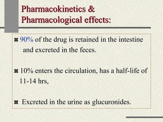 Pharmacokinetics &
Pharmacological effects:
90% of the drug is retained in the intestine
and excreted in the feces.
10% enters the circulation, has a half-life of
11-14 hrs,
Excreted in the urine as glucuronides.
 