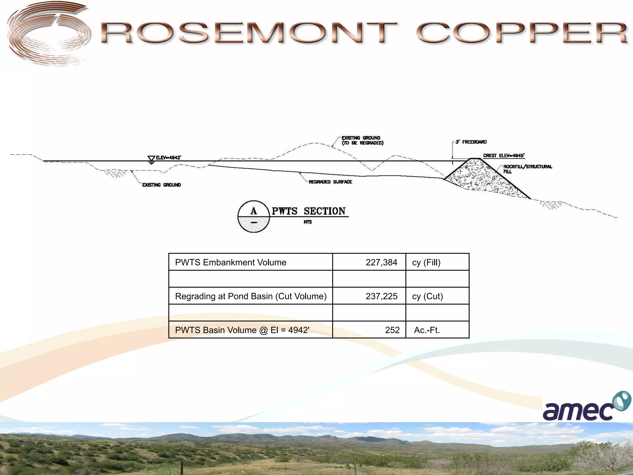 PWTS Embankment Volume                 227,384   cy (Fill)


Regrading at Pond Basin (Cut Volume)   237,225   cy (Cut)


PWTS Basin Volume @ El = 4942'             252   Ac.-Ft.
 