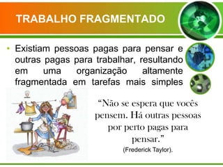 TRABALHO FRAGMENTADO
• Existiam pessoas pagas para pensar e
outras pagas para trabalhar, resultando
em
uma
organização
altamente
fragmentada em tarefas mais simples
possíveis.

“Não se espera que vocês
pensem. Há outras pessoas
por perto pagas para
pensar.”
(Frederick Taylor).

 